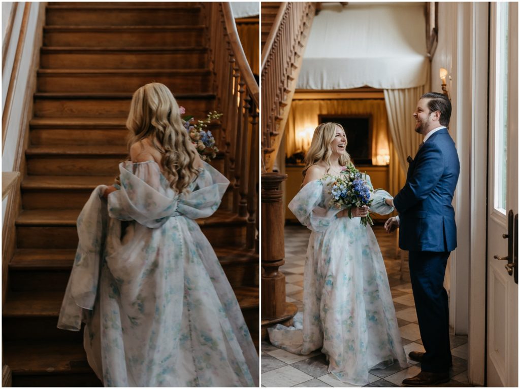 A bride and groom meet in a hall for their first look for their Hotel Peter and Paul wedding.