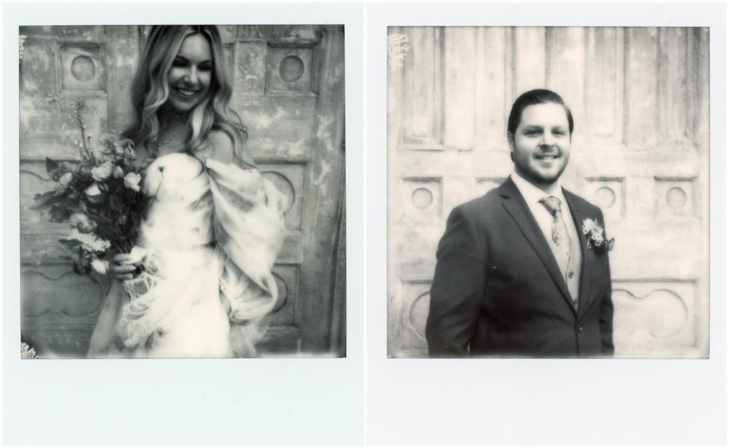 A bride and groom pose for Polaroid wedding photos outside a New Orleans wedding venue.