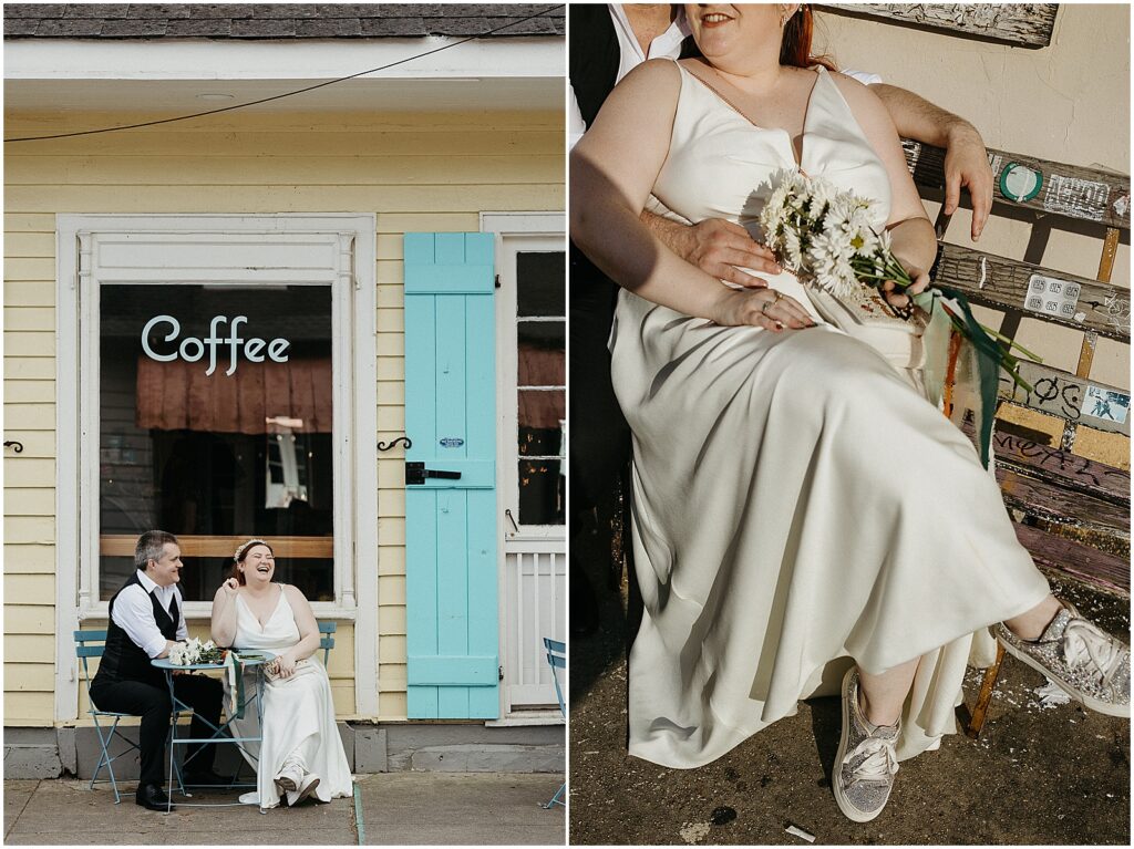 A bride and groom sit outside a New Orleans coffee shop.