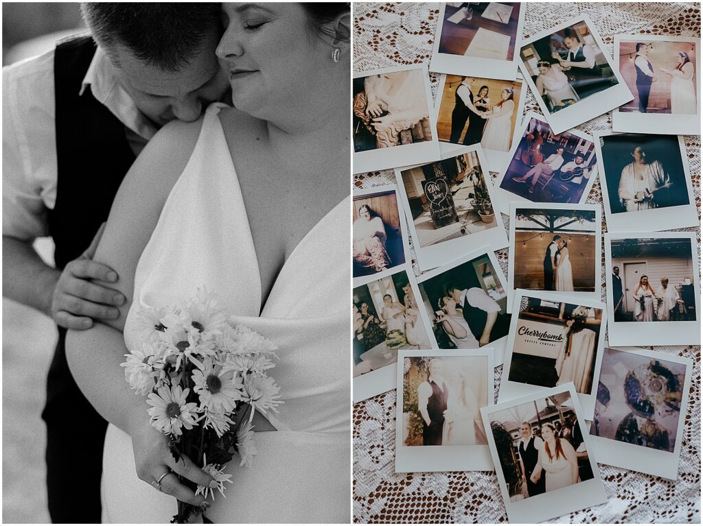 Wedding Polaroid photos lay on a table in a new Orleans wedding venue.
