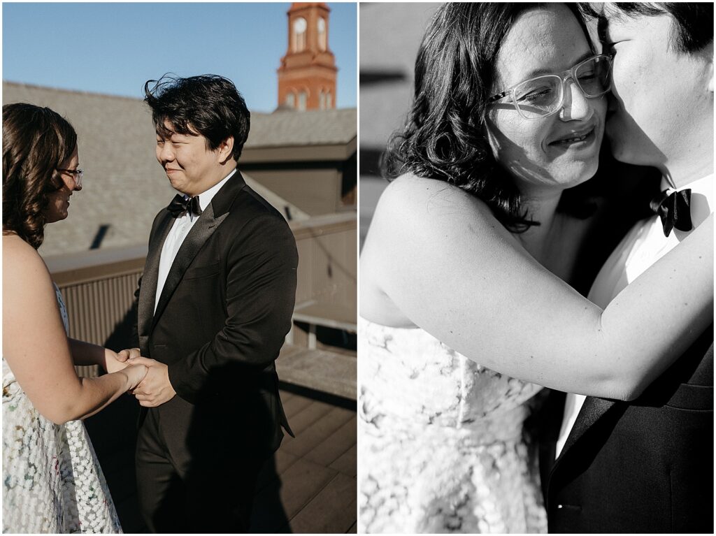 A bride and groom share the first look on the rooftop at Capulet New Orleans.