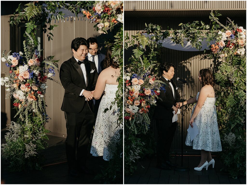 A bride and groom exchange vows beneath a floral chuppah in a springtime New Orleans wedding.