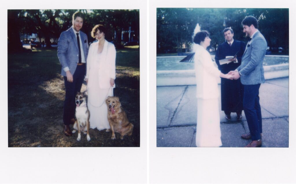 couple getting married at coliseum park in new orleans on polaroids