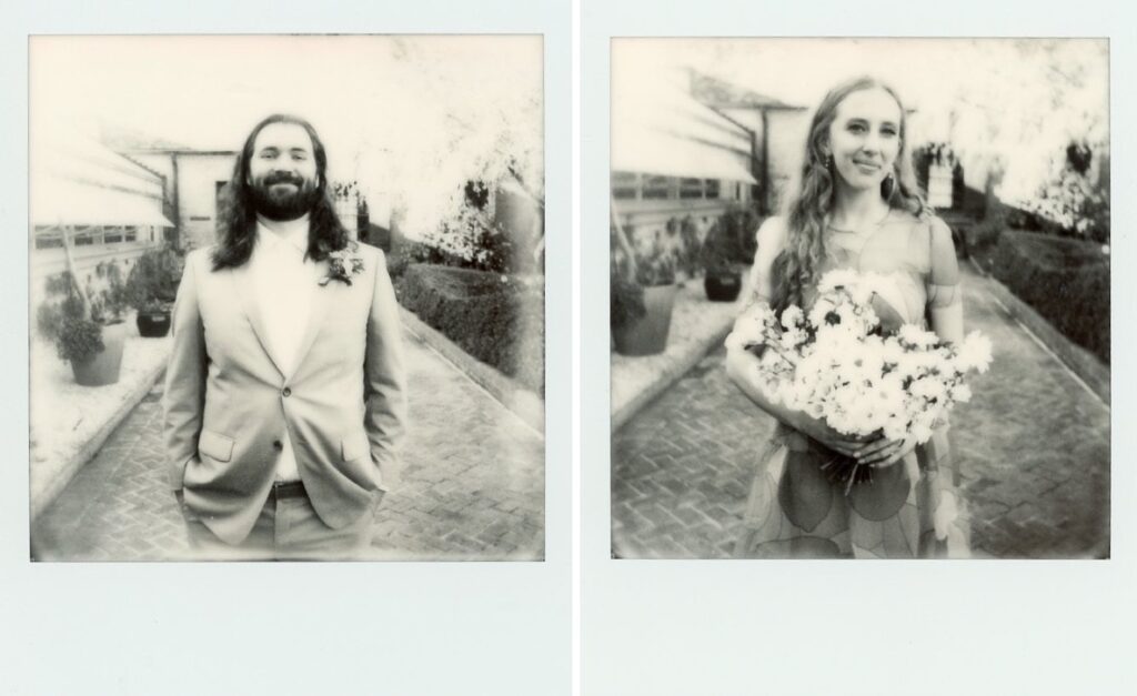 black and white polaroid of bride and groom on wedding day