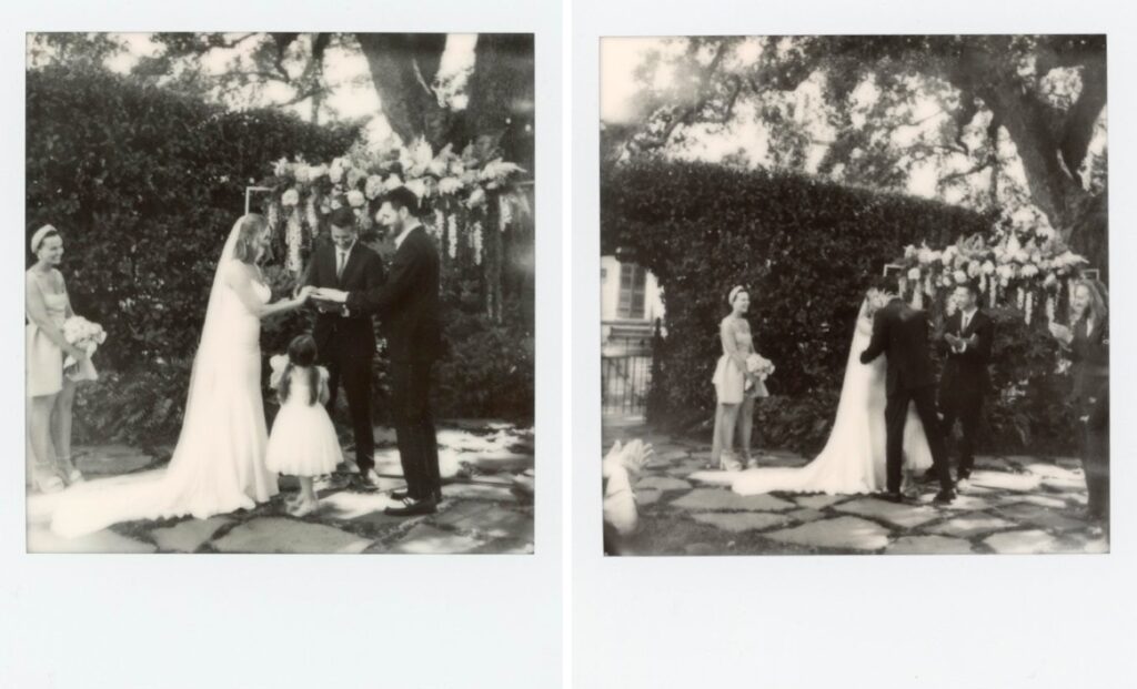 bride and groom black and white polaroid portrait
