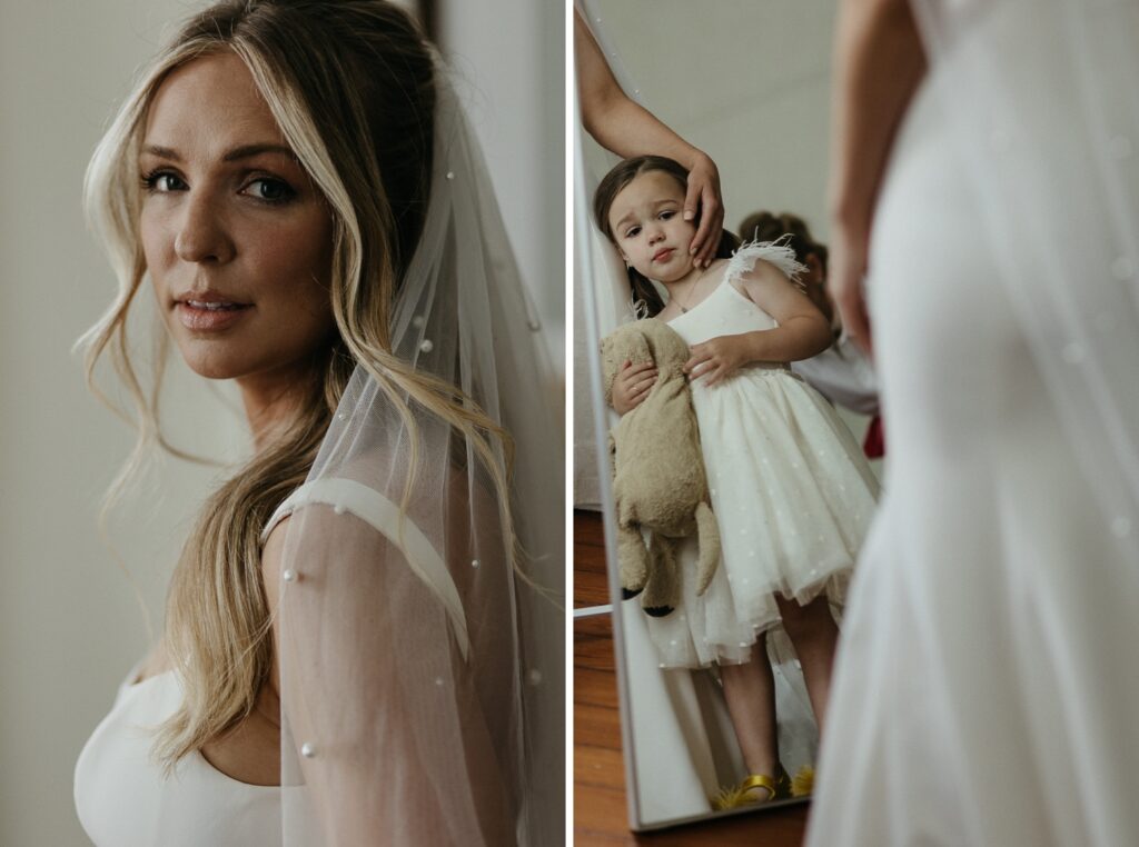 bride with daughter getting ready for wedding together