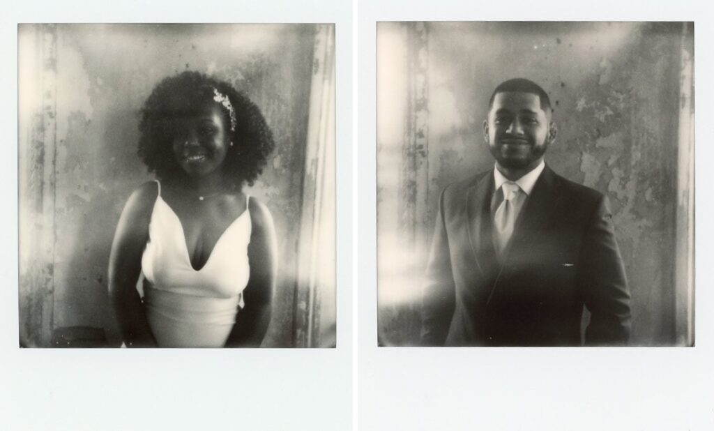 bride and groom black and white polaroid photo