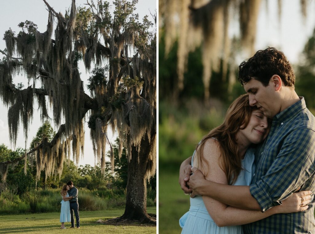 Couple under spanish moss and oak tree at fontainebleau state park