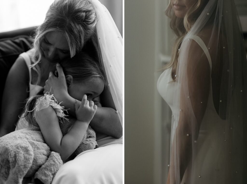 intimate bridal portrait of bride embracing young daughter before her wedding