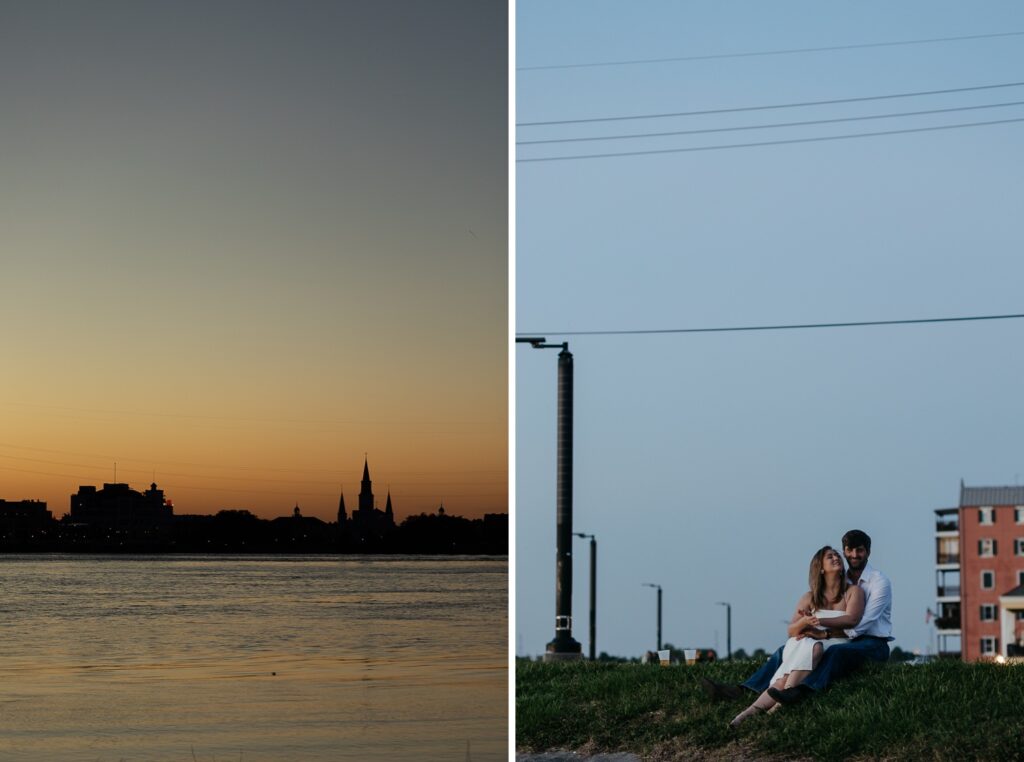 romantic sunset photo of couple on the levee in New Orleans at sunset