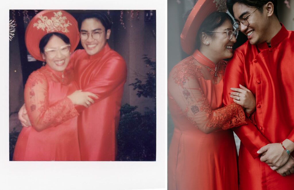 polaroid photo of Vietnamese tea ceremony bride and groom