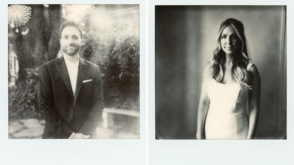 bride and groom black and white polaroid portrait