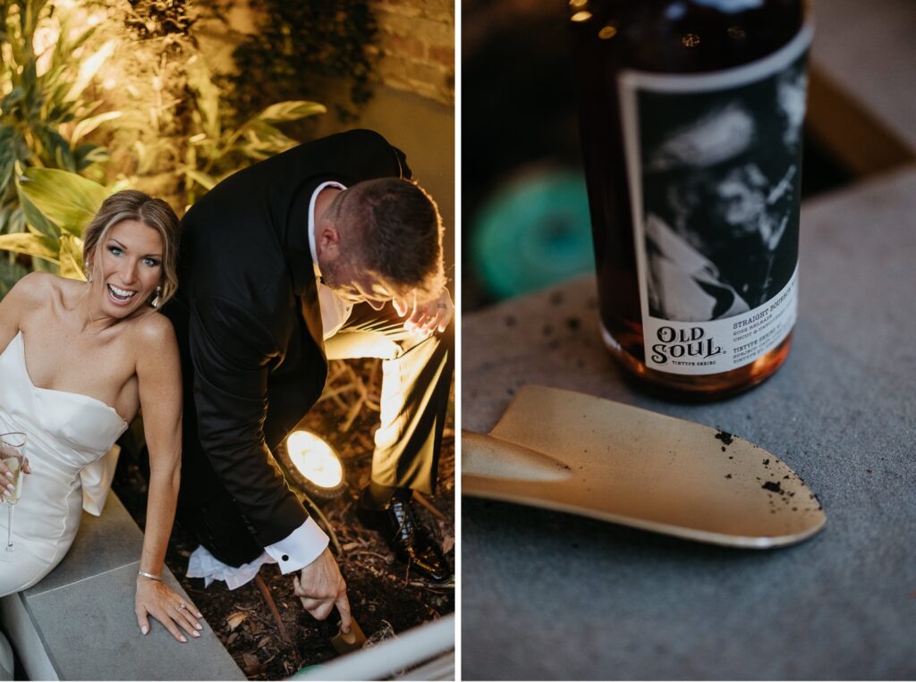 digging up bottle of bourbon new orleans wedding tradition