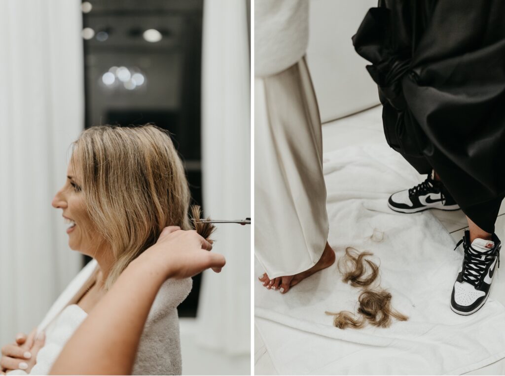 bride cuts hair at wedding reception