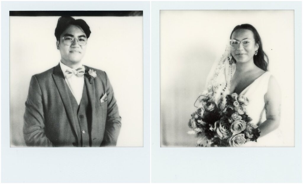 A bride and groom pose for Polaroid wedding photos outside Felicity Church.