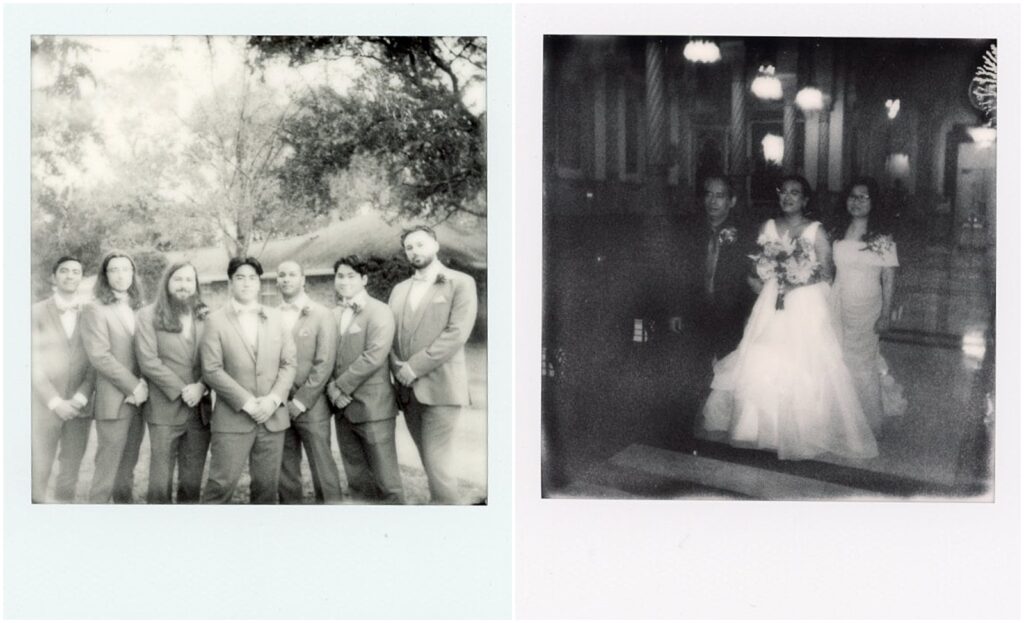 A bride and groom pose with their wedding parties for Polaroid wedding photos.