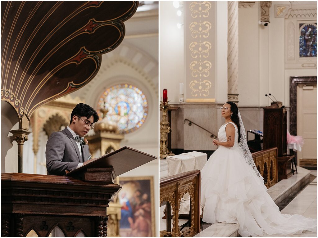 A family member reads from the bible at the pulpit of a Catholic church.