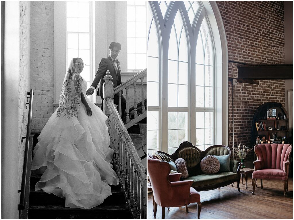 A bride and groom walk up a staircase toward a lounge at a Felicity Church wedding.