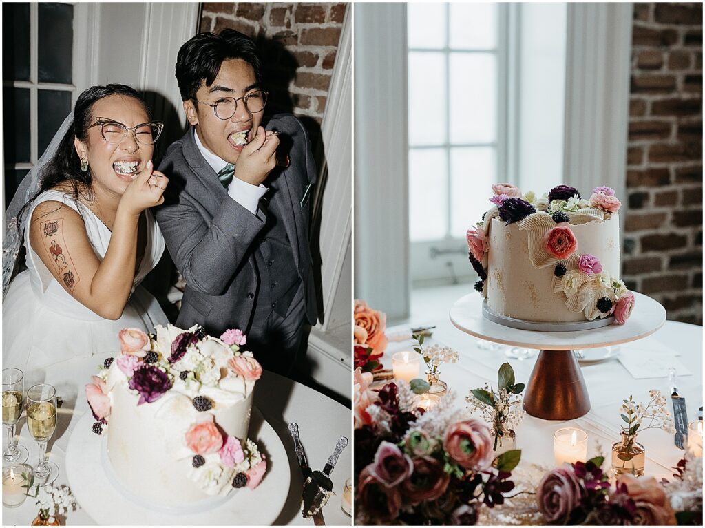 A bride and groom eat bites of wedding cake.