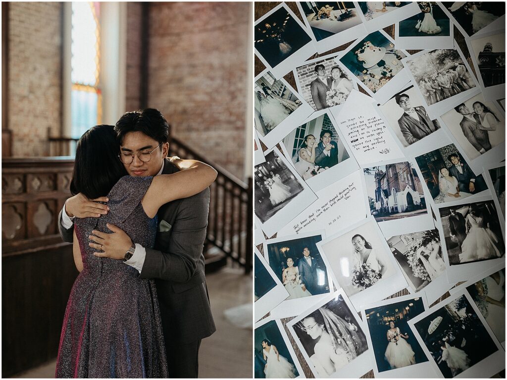 A pile of Polaroid wedding photos sits on a table in Felicity Church.