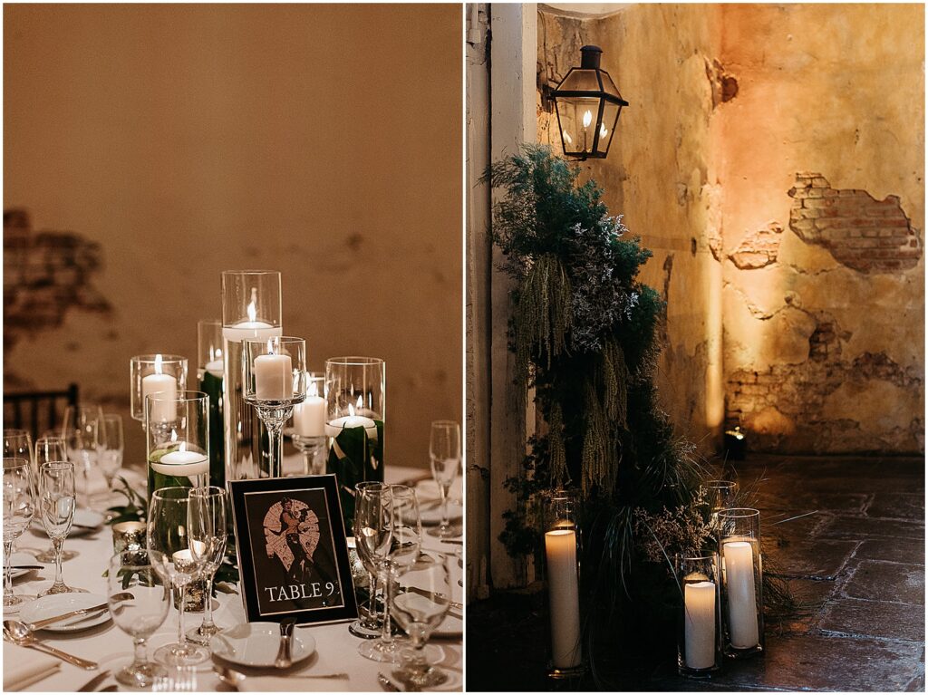 Pillar candles decorate wedding reception table inside Latrobe's New Orleans.