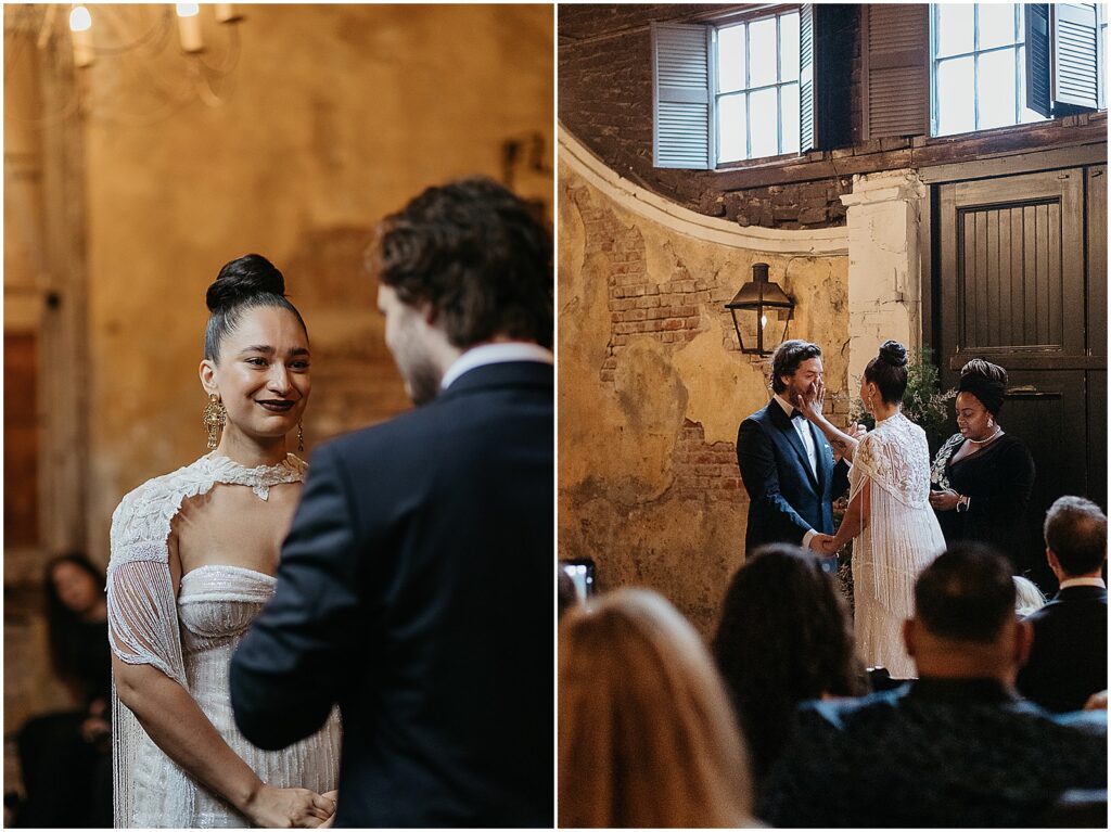 A bride wipes tears from a groom's face during their wedding ceremony in a French Quarter wedding venue.