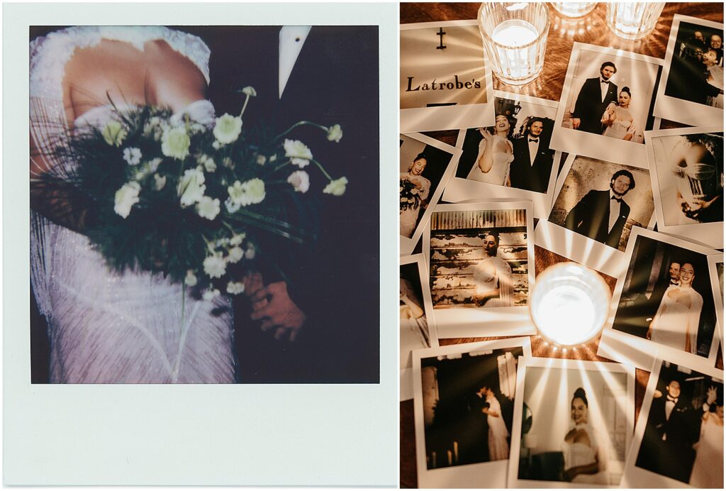 A stack of Polaroid wedding photos is scattered around candles on a table at Latrobe's New Orleans.