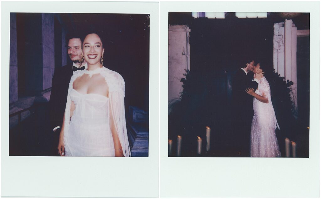 A bride and groom kiss surrounded by candles in a Polaroid wedding photo inside Latrobe's New Orleans.