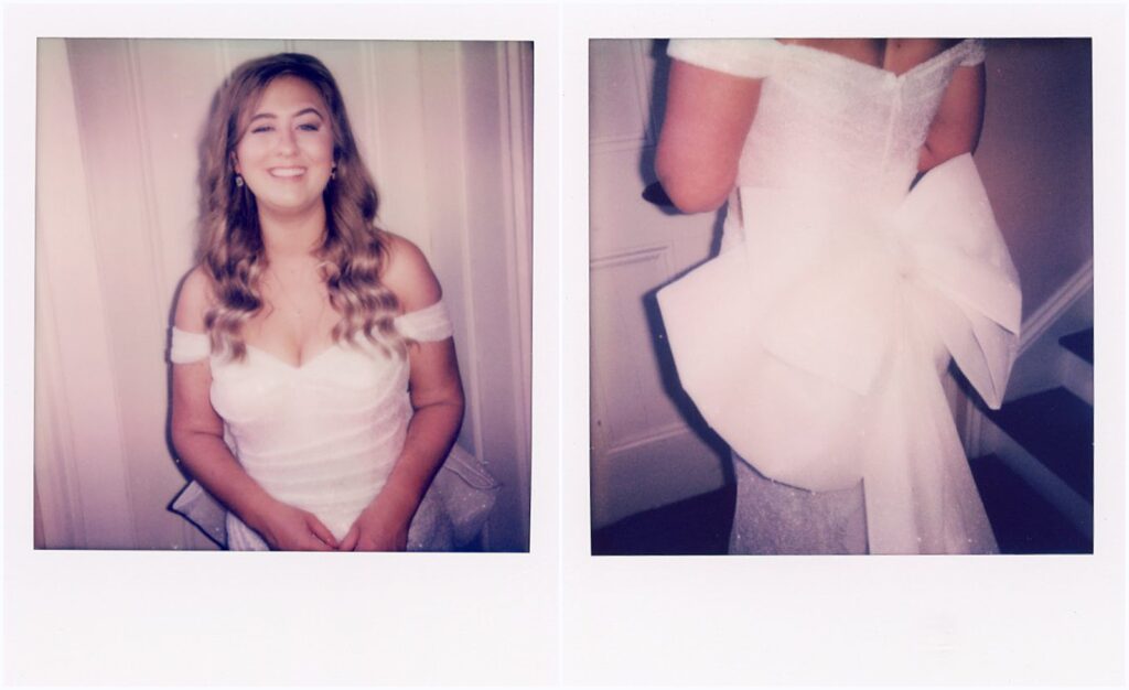 Polaroid wedding photos show a bride standing in front of a white curtain.
