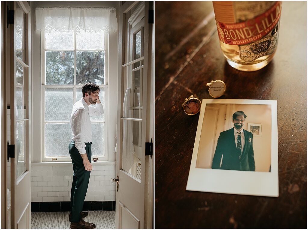 A Polaroid photo of a groom sits beside a cocktail on the table of a New Orleans wedding venue.