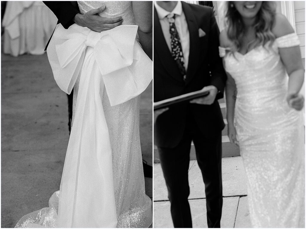 A groom puts his arm around a bride in black and white wedding photos.