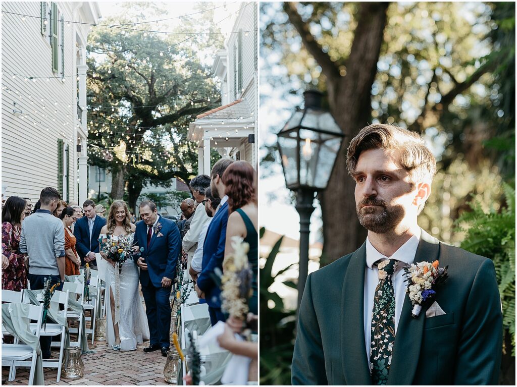 A groom watches a bride walk up the aisle in the courtyard at Degas House.
