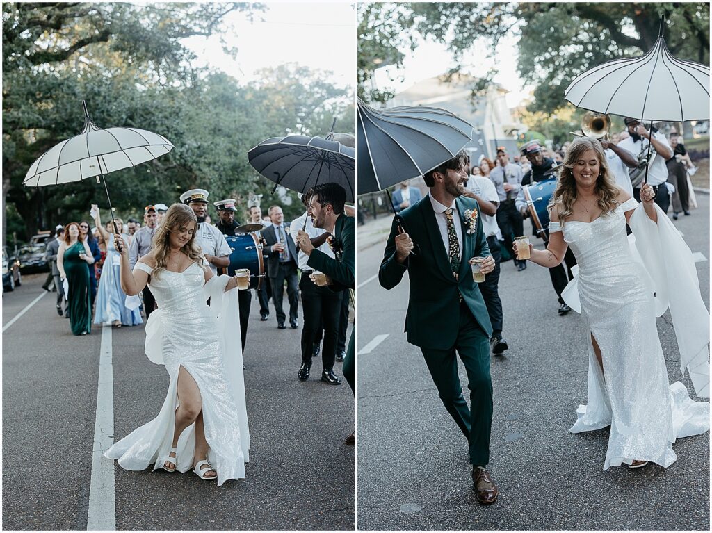 A bride and groom lead a second line at their New Orleans wedding.