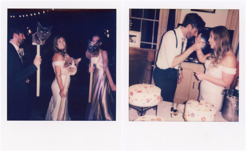 A bride and groom kiss beside their wedding cake in a Polaroid wedding photo.