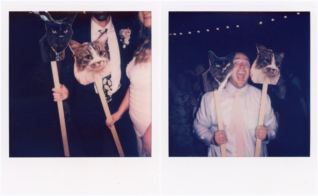 Wedding guests dance with props in Polaroid photos.