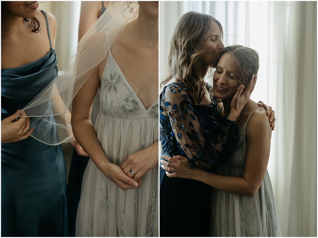 A bride puts on a blue wedding dress for her winter wedding.