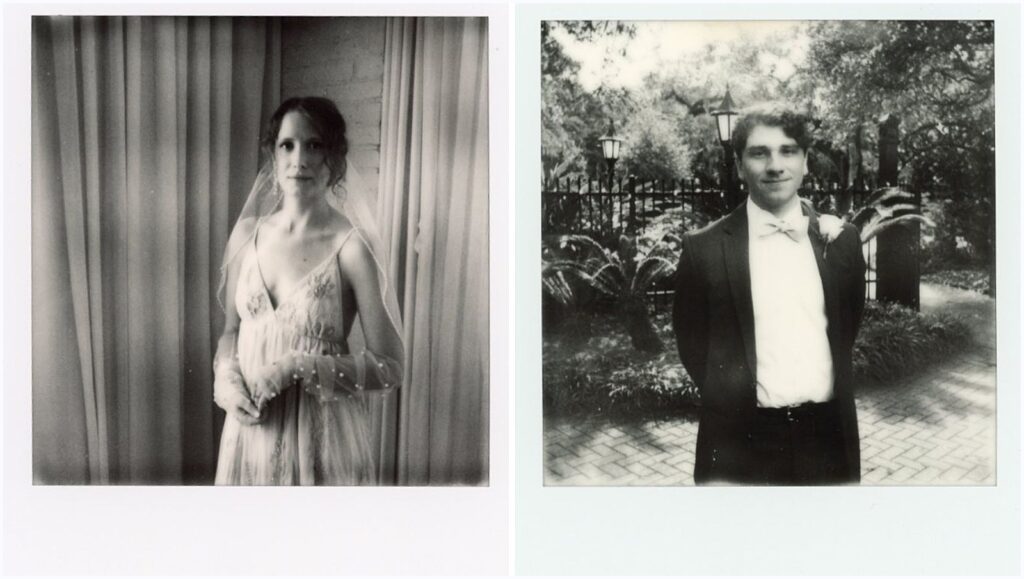 A bride and groom pose for wedding photos on Polaroid film.