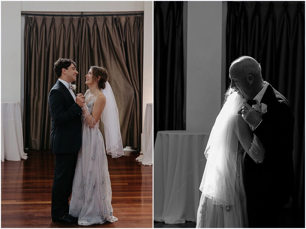 A bride and groom share their first dance.