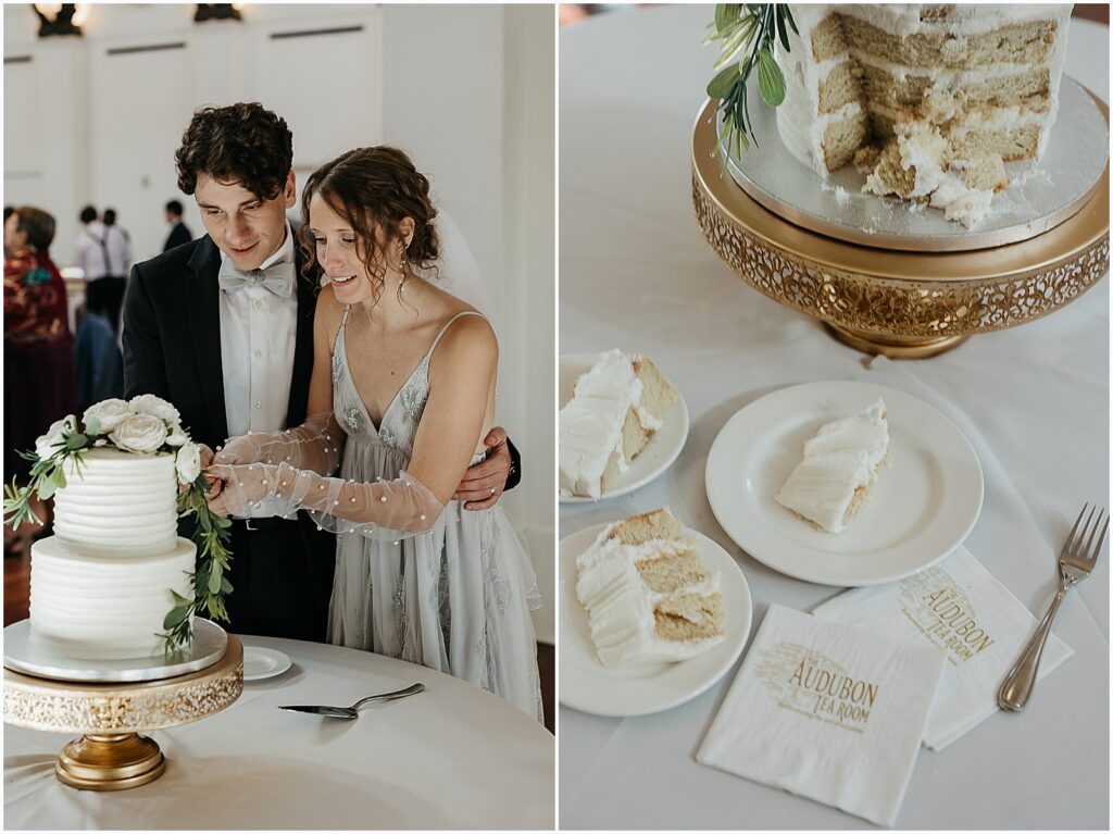 A bride and groom cut a wedding cake in the Audubon Tea Room at their winter wedding.
