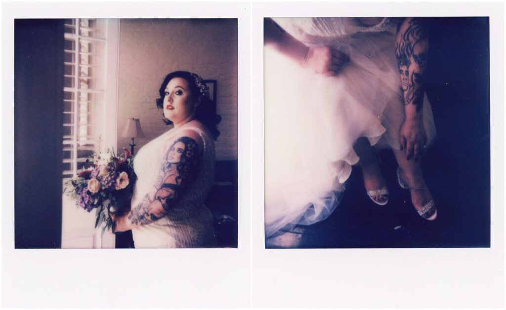 A bride poses for Polaroid wedding photos in a New Orleans hotel.