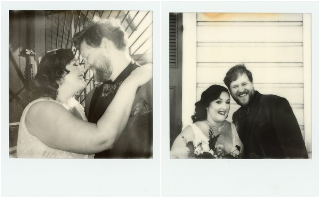 A bride and groom nuzzle noses in a Polaroid wedding photo.