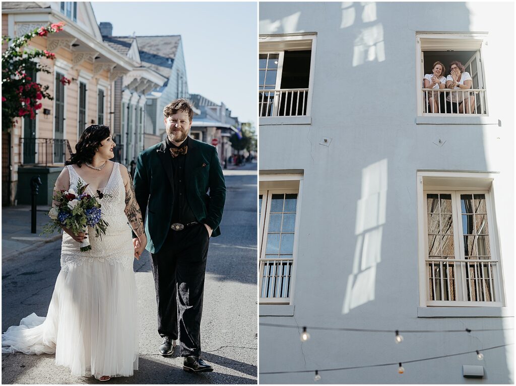 A bride and groom hold hands and walk towards their French Quarter wedding.