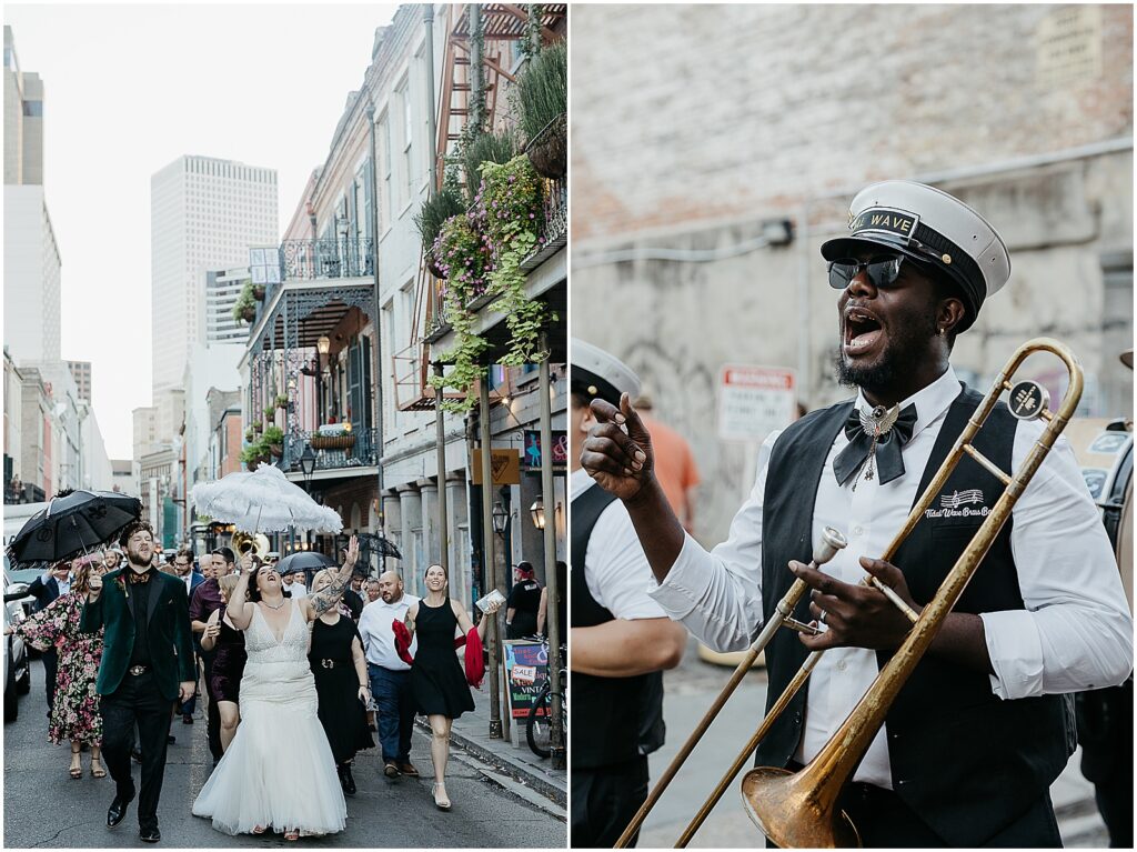 A bride and groom dance at the front of a New Orleans wedding parade in the French Quarter.