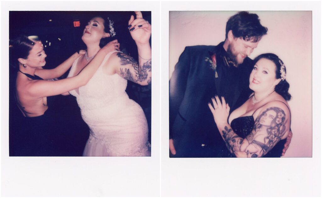 A bride and groom poses side by side for a Polaroid wedding photo.