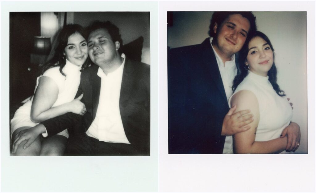 A man and woman pose for Polaroid engagement photos.