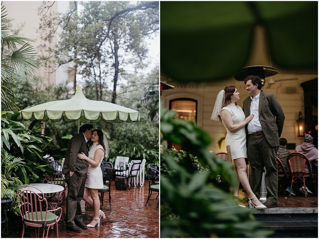A man and woman pose for rainy engagement photos in New Orleans.