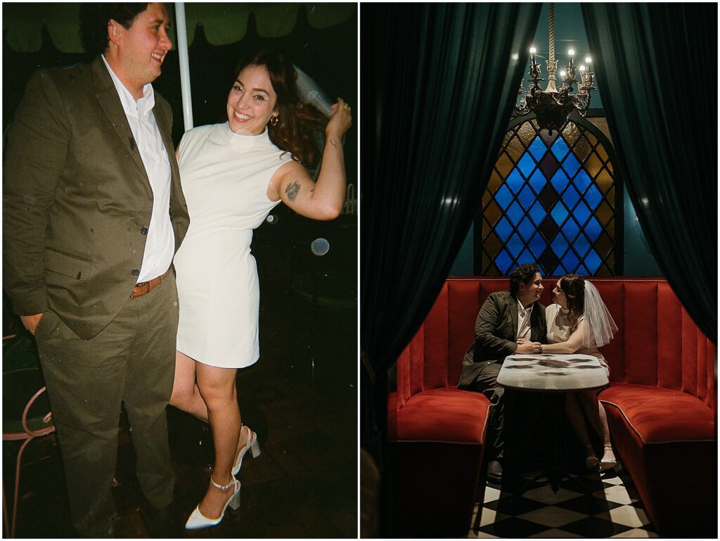 A man and woman pose in a red booth in the Columns Hotel in New Orleans.