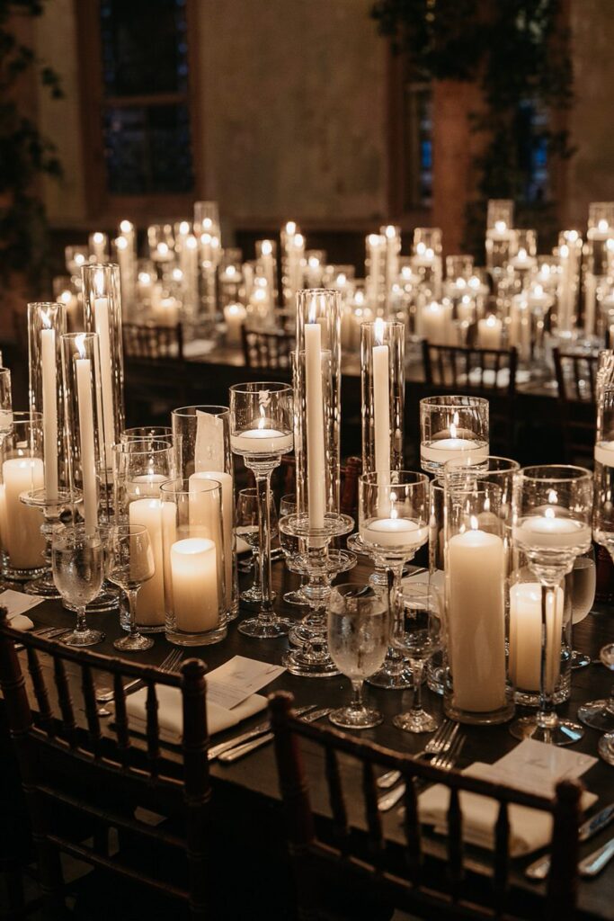 A close-up of a candlelit reception table with various glass candleholders and water glasses.
