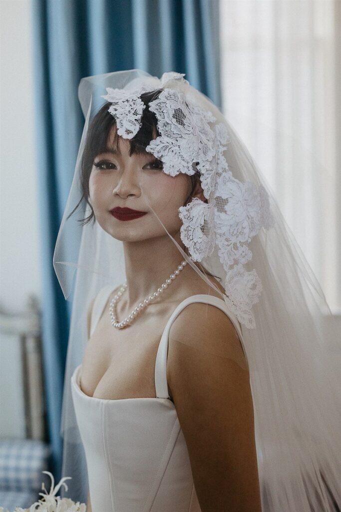 A bride with a veil covering her face 