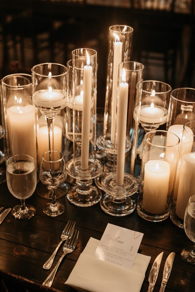 Various candles set up in front of a seat at a reception table 